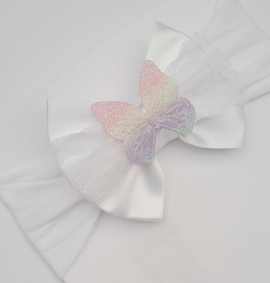 🎀White Satin Bow Headband With Lace And Ombre Butterfly🎀