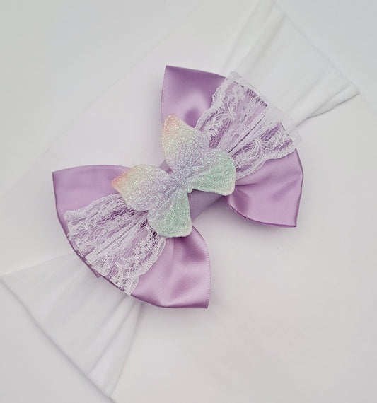 🎀Lilac Satin Bow Headband With Lace And Ombre Butterfly🎀