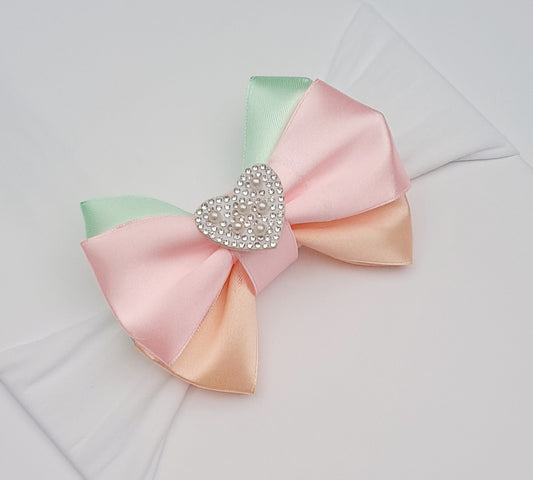 🎀 3 Colour Satin Bow Headband With Heart Embellishment 🎀