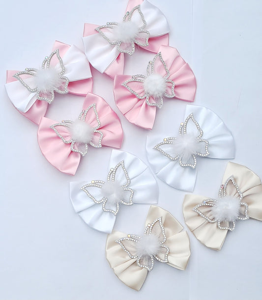 🎀2pc(Pair) Satin Bow With Pom Butterfly Clip Set🎀(2 Clips)