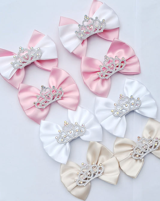 🎀2pc(Pair) Satin Bow With Large Bling Crown Clip Set🎀(2 Clips)