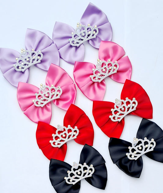 🎀2pc(Pair) Satin Bow With Large Bling Crown Clip Set🎀(2 Clips)