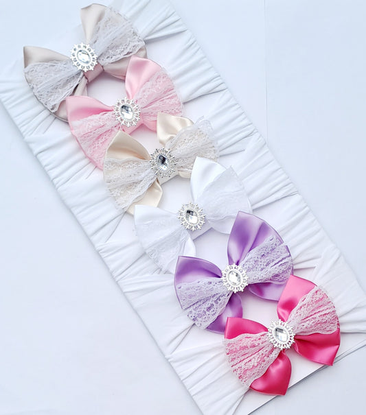 🎀Satin Bow Headband With White Lace Detail And Silver Gem🎀Choose Bow Colour