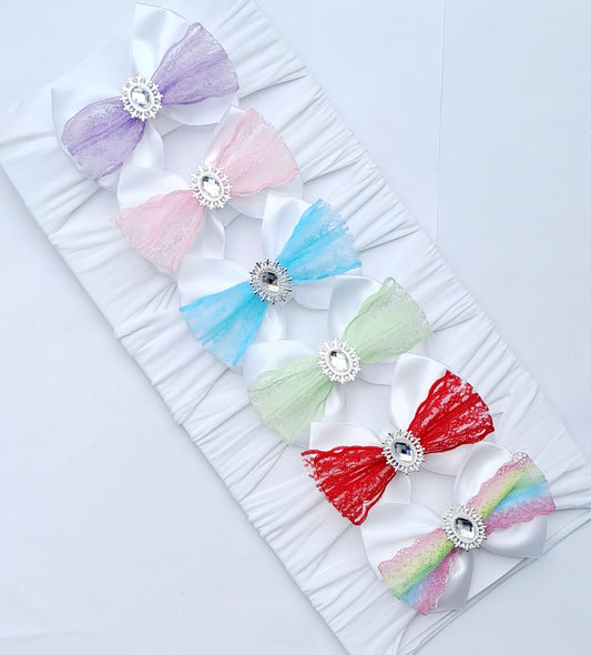 🎀White Satin Bow Headband With Coloured Lace Detail And Silver Gem🎀(Choose Lace Colour)