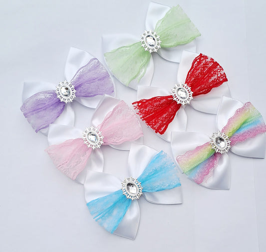 🎀Satin Bow Clip With Lace Detail And Silver Gem🎀 (Choose Lace Colour)