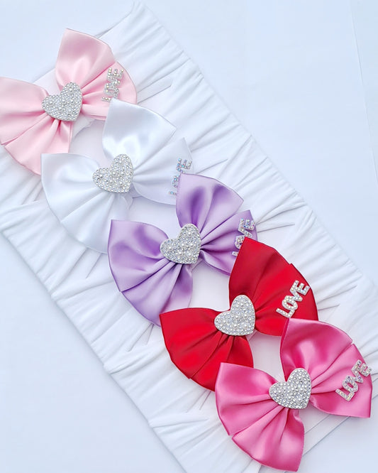 🎀Satin Bow Headband With Heart And Love Embellishments🎀(Choose Colour)