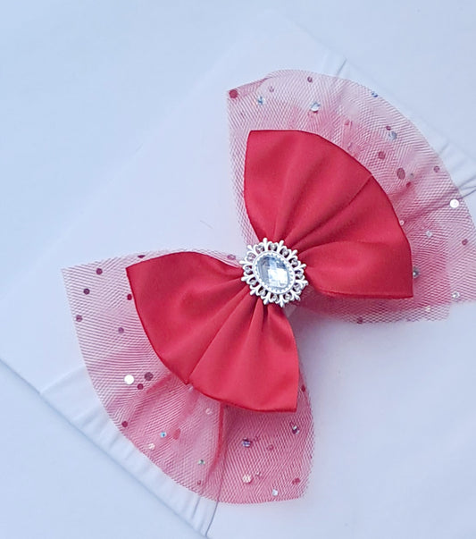 🎀Large Red Satin/Tulle Bow Headband With Silver Gem Embellishment 🎀
