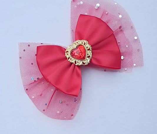 🎀Large Red Satin/Tulle Bow Clip With Heart Embellishment 🎀