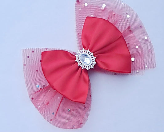 🎀Large Red Satin/Tulle Bow Clip With Silver Gem Embellishment 🎀