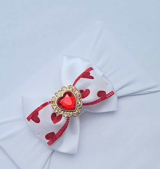 🎀White Satin Bow Headband With Heart Embellishment 🎀