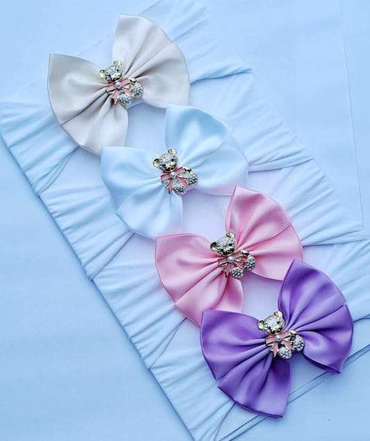 🎀Satin Bow Headband With Adorable Rhinestone Bear🎀 Choose Colour