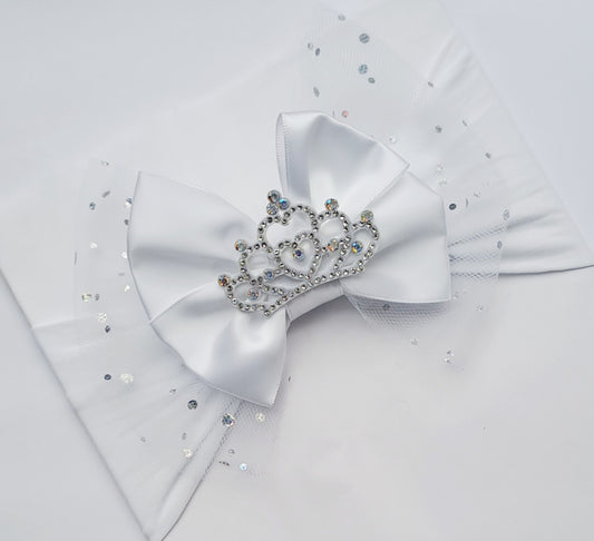 🎀Large White Satin/Tulle Bow Headband With Crown Embellishment 🎀