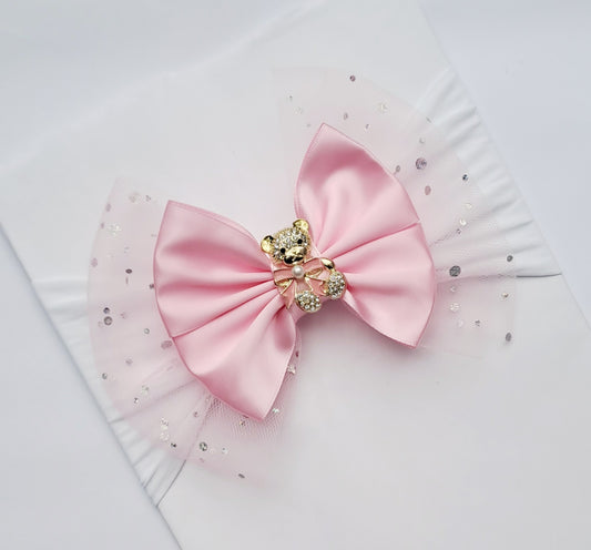 🎀Large Pink Satin/Tulle Bow Headband With Rhinestone Bear Embellishment 🎀