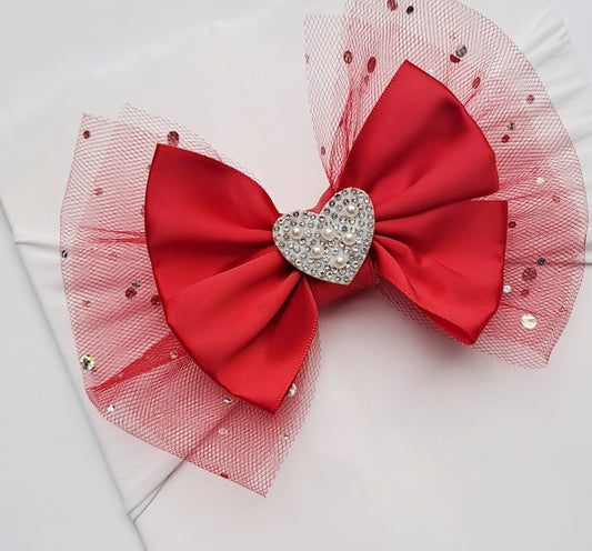 🎀Large Red Satin/Tulle Bow Headband With Heart Embellishment 🎀