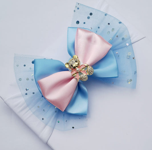 🎀 Large Blue&Pink Bow/ Glitter Tulle Headband With Rhinestone Bear🎀