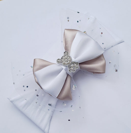 🎀 Large Beige&White Bow/ Glitter Tulle Headband🎀