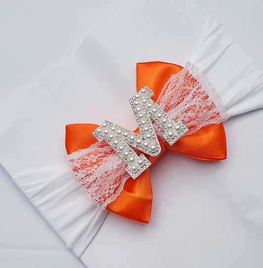 🎀Orange Satin Initial Bow Headband With Lace🎀 Choose Letter