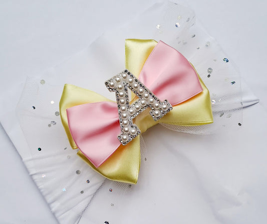 🎀 Large Yellow&Pink Satin Bow/ Glitter Tulle Headband🎀 Choose Letter