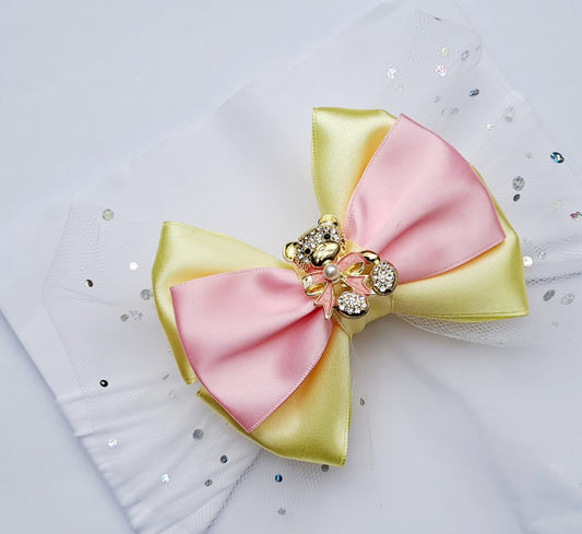 🎀 Large Yellow&Pink Satin Bow/ Glitter Tulle Headband🎀