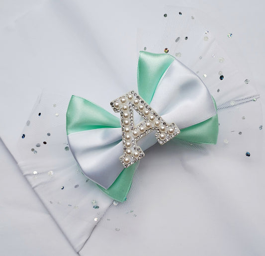 🎀 Large Mint&White Satin Bow/ Glitter Tulle Headband🎀 Choose Letter