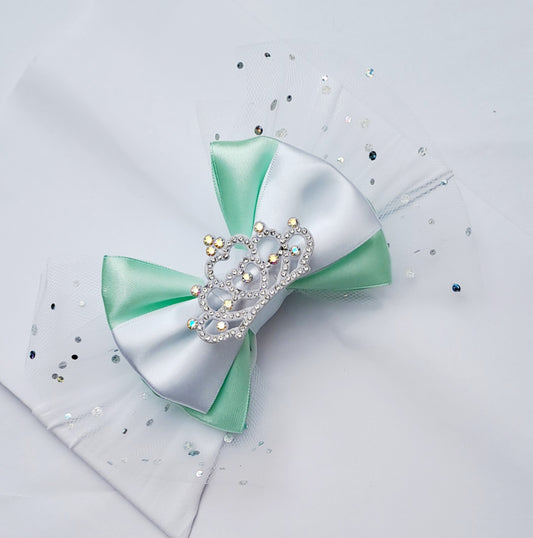 🎀 Large Mint&White Satin Bow/ Glitter Tulle Headband🎀