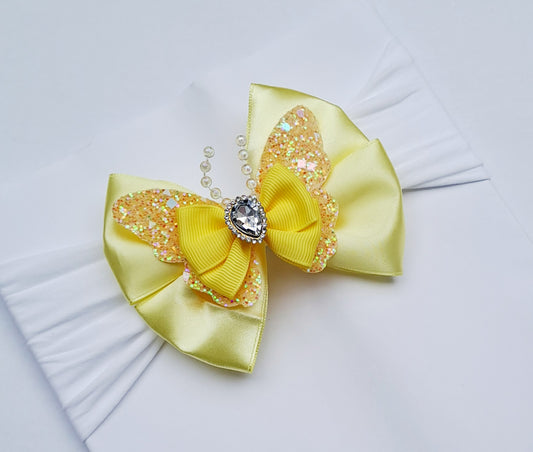 🎀Yellow Satin Bow Headband With Glitter Butterfly 🎀