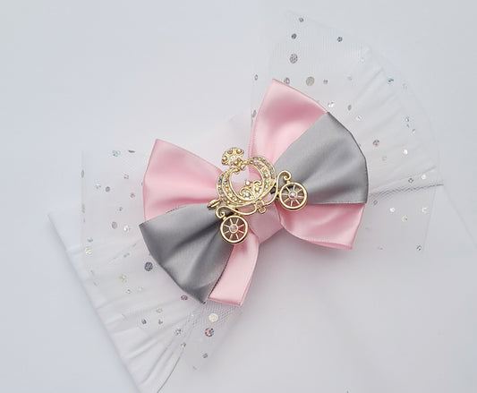🎀Large Pink&Grey Satin/Tulle Headband With Carriage 🎀