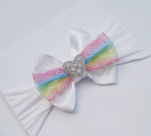 🎀White Satin Bow With Rainbow Lace Baby Headband🎀