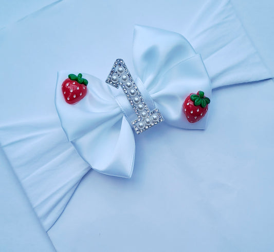 🍓White Satin Bow 1st Birthday Headband 🍓