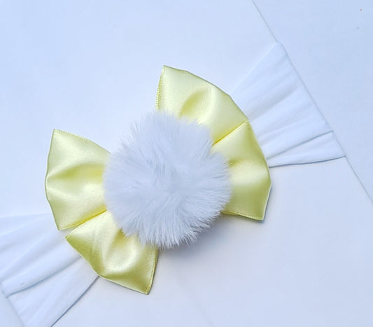 🎀Yellow Satin Bow Headband With White Pom Pom 🎀