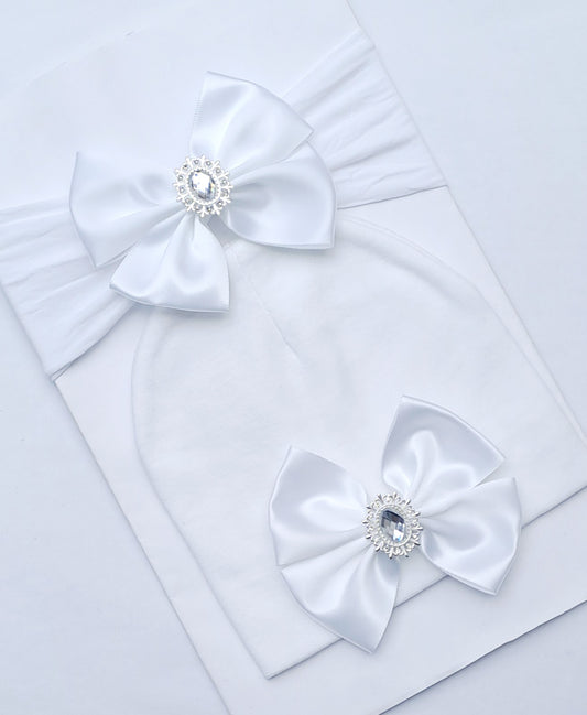 🎀White Satin Bow Headband/Hat Set🎀