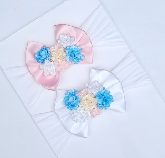 🎀Satin Bow Headband With Satin Flowers🎀 Available in Pink or White