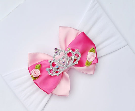 🎀Pink Satin Bow Headband With Tiara And Rose Detail🎀