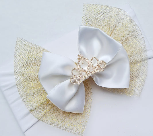 🎀Large Satin/Tulle Gold And White Bow Headband 🎀