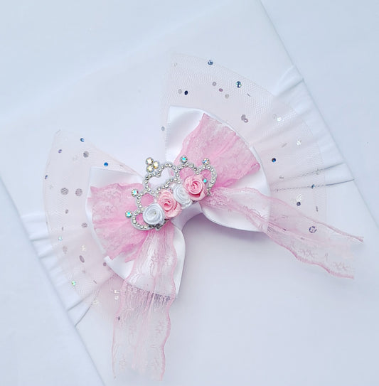 🎀Large Satin/Tulle White And  Pink Bow Headband 🎀