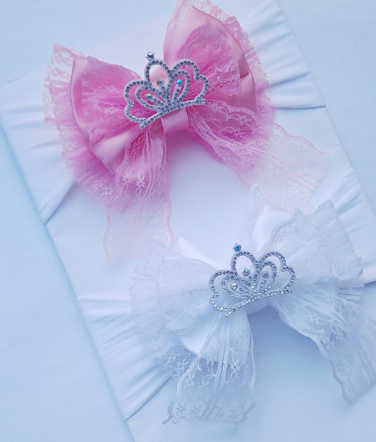 🎀Large Satin/Lace Bow Headband With Crown🎀 Available In Pink or White