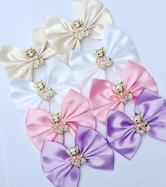 🎀2pc Satin Bow Clip Sets With Adorable Rhinestone Bear🎀 Choose Colour