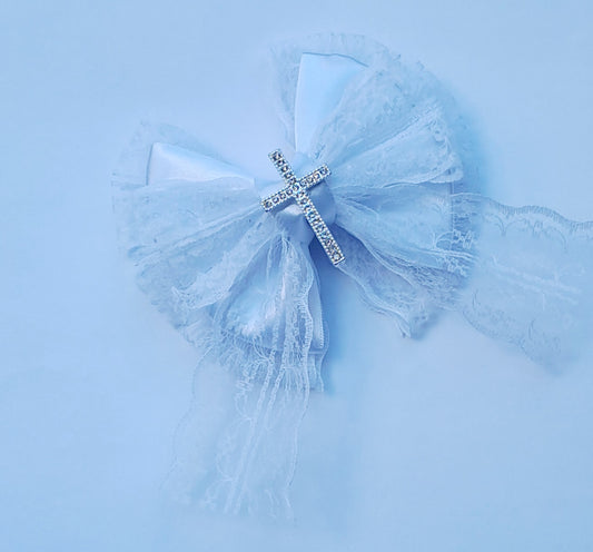 🎀White Satin/Lace Christening Bow Clip🎀