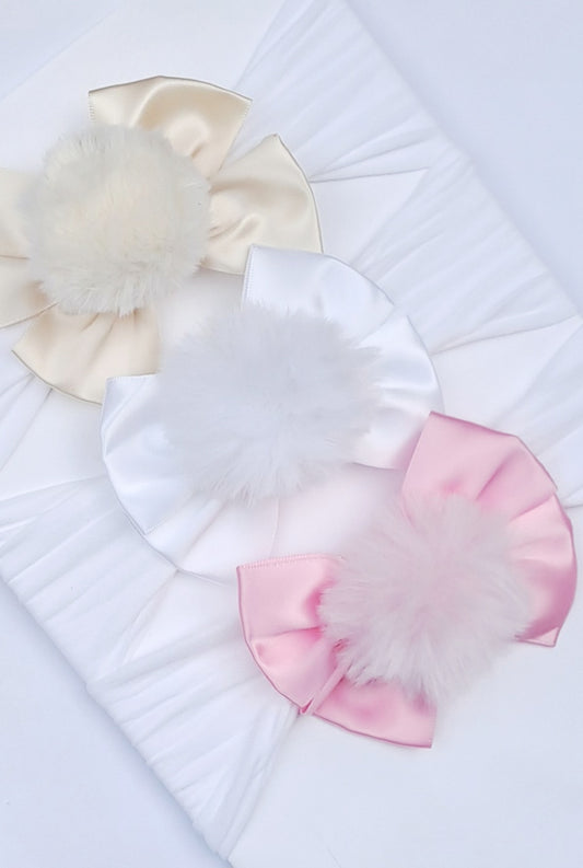 🎀3pc Satin Bow With Fluffy Pom Pom Headband Set🎀