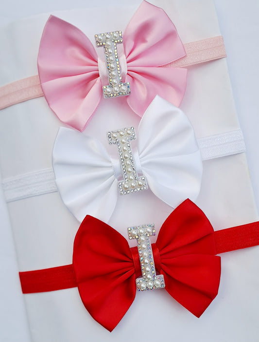 🎀3pc Satin Bow Headband Set On Thin Bands 🎀Chose Letter