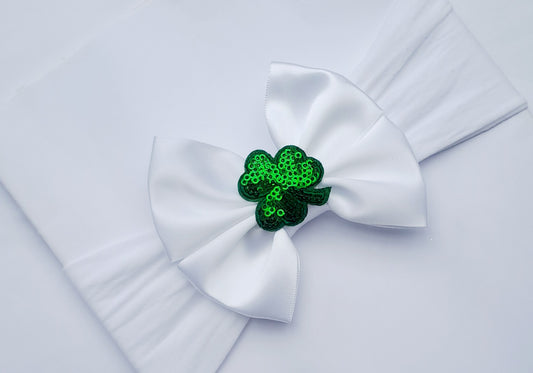 🎀White Satin Bow Headband With Shamrock Centre 🎀