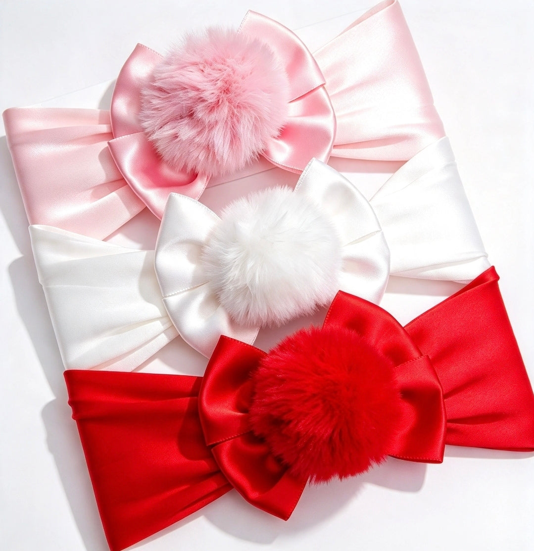 🎀3pc Satin Bow With Pom Pom Centre Headband Set 🎀