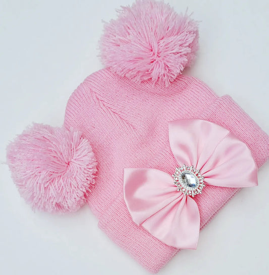 🎀Pink Satin Bow Winter Pom Pom Hat🎀0-6 Months