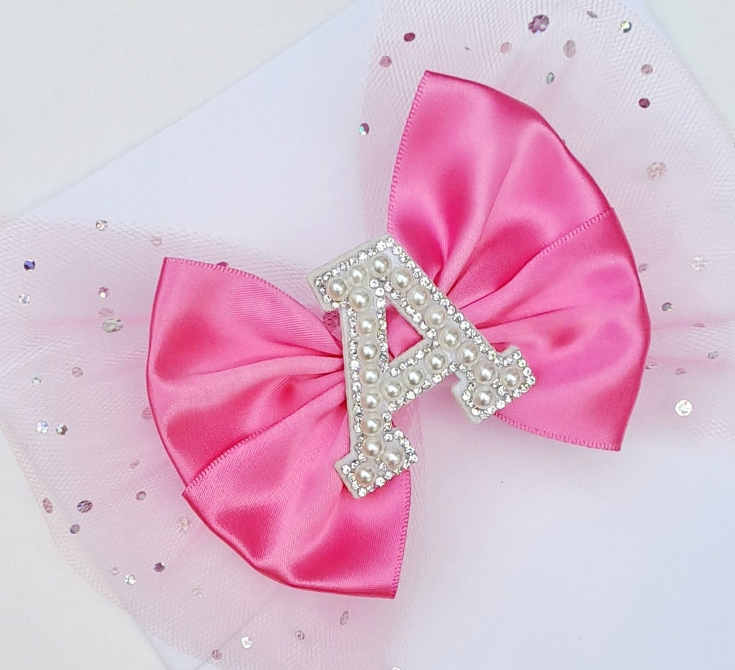 🎀 Large Fuchsia Pink Glitter Tulle Satin Bow Initial Clip🎀Choose Letter