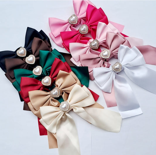 🎀Large Satin Bow Clip With Heart Embellishment 🎀 Available In 11 Colours