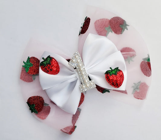 🎀Large Satin/Tulle Strawberry Bow Birthday Clip🎀