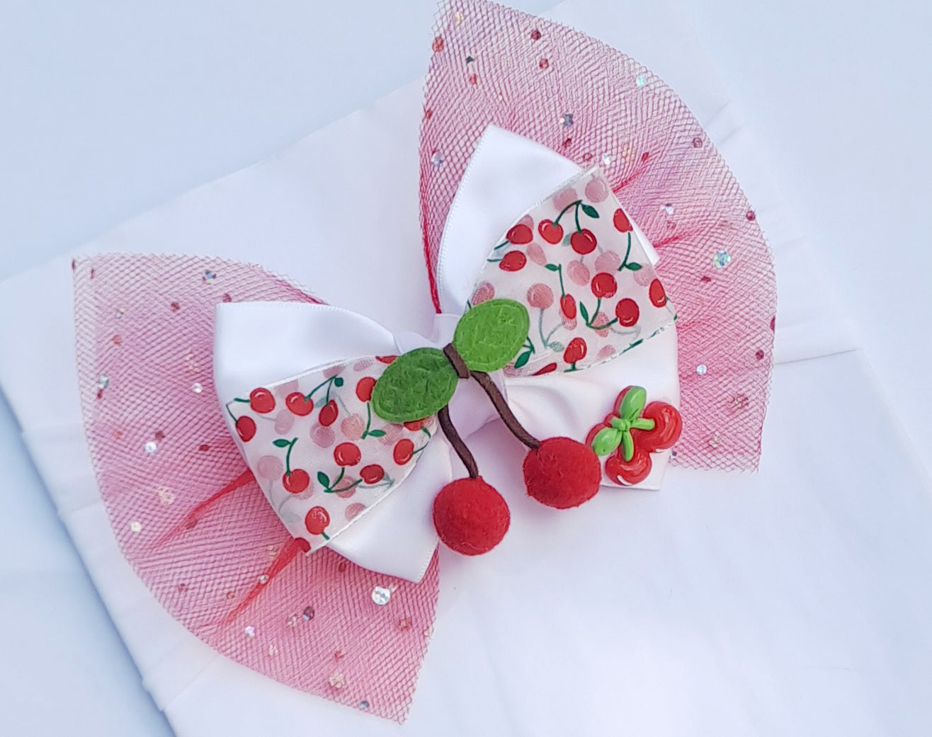 🎀Large Satin/Tulle Cherry Bow Headband/Clip