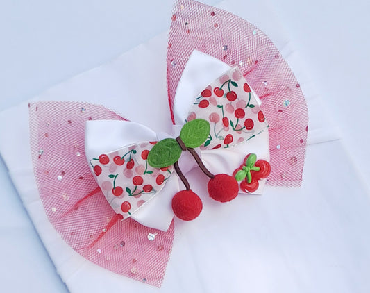 🎀Large Satin/Tulle Cherry Bow Headband/Clip
