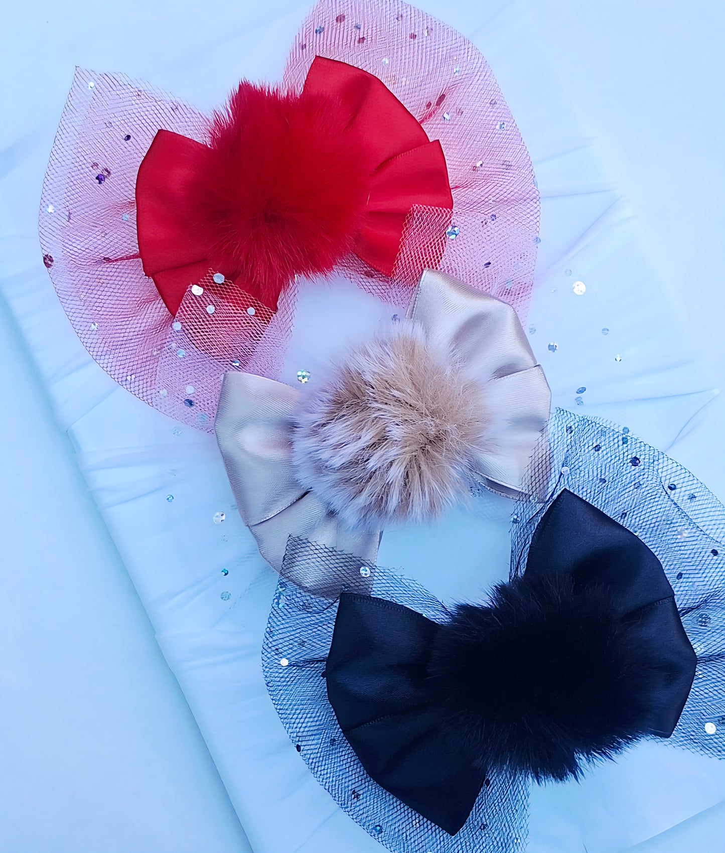 🎀Satin Bow Fluffy Pom Pom Headband Or Clip🎀