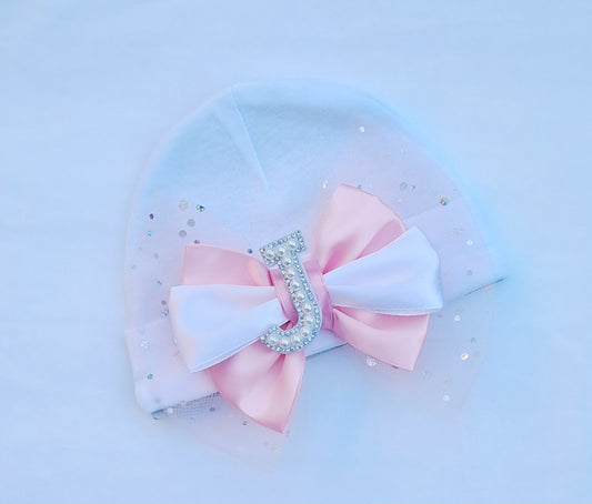 🎀Newborn Baby Hat With Initial Satin/Tulle Bow🎀